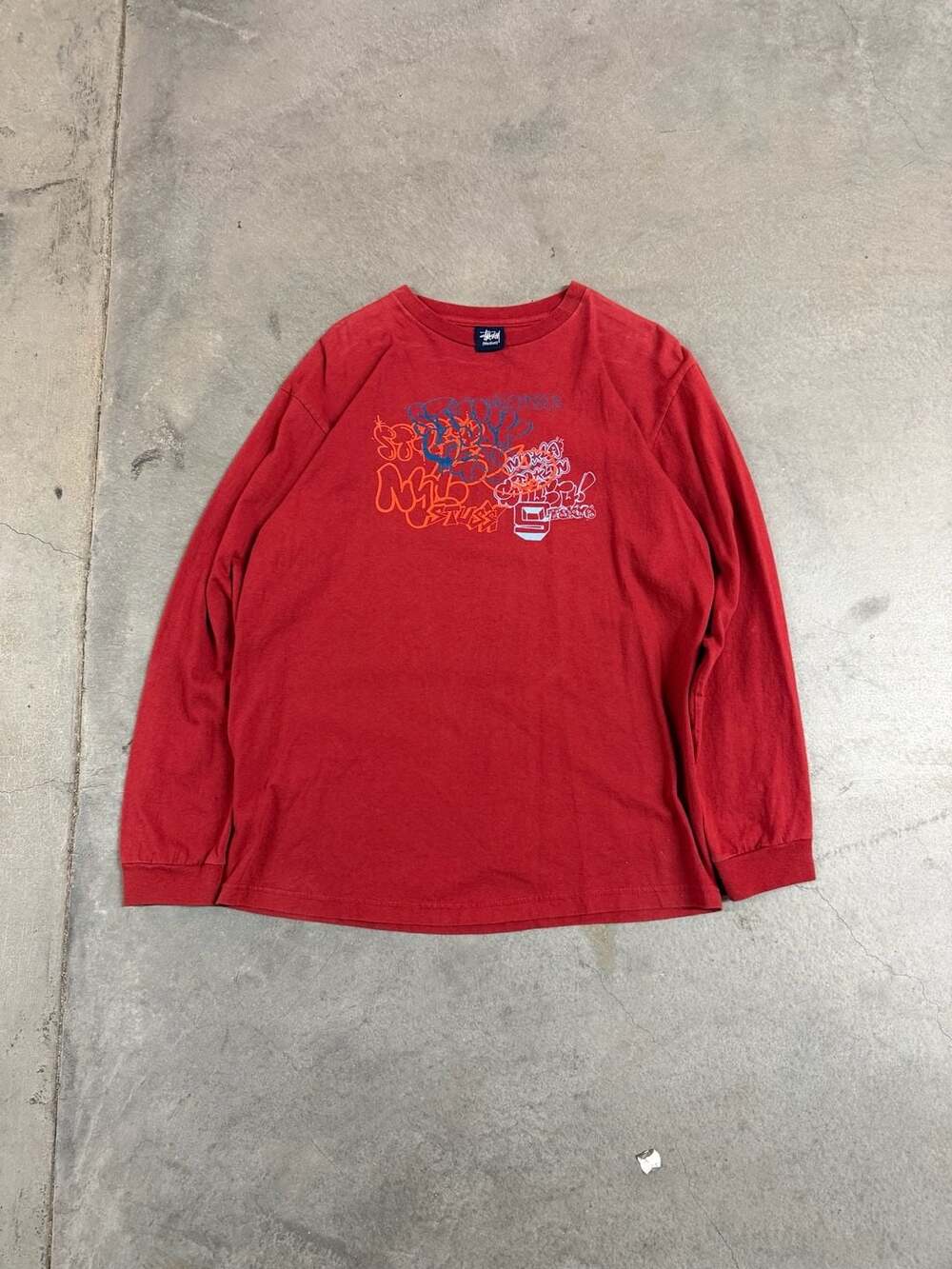Vintage Stüssy Graffiti Graphic Long Sleeve T-Shirt Red Medium